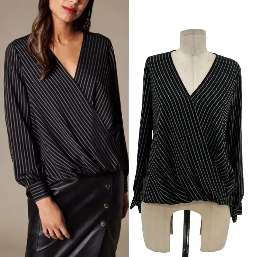 Karen Millen Pinstripe Wrap Blouse Black Long Sleeve Size US 4